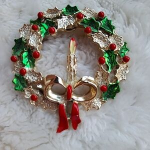 Festive Gold and Green Wreath Brooch with Red Accents